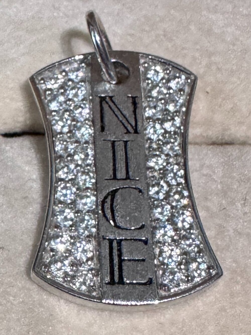 ✨ .925 Sterling Silver “NICE” Pavé Crystal Dog Tag Charm 💎